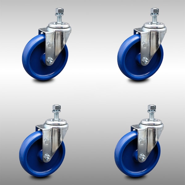 5 Inch SS Solid Polyurethane Wheel Swivel 3/8 Inch Threaded Stem Caster Set SCC